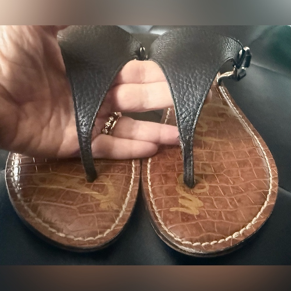 Sam Edelman Black & Brown Leather T-Strap Sandals Gold Hardware size 8.5 - Picture 5 of 6